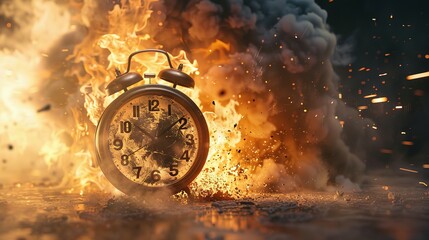 Chasing time, an alarm clock ablaze, exploding rush hour, deadline pressure, urgency.