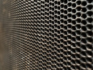 Close-up view of a speaker grille with a honeycomb pattern, highlighting texture and detail for industrial and abstract background use.