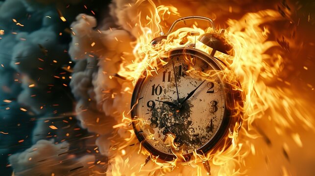 Chasing time, an alarm clock ablaze, exploding rush hour, deadline pressure, urgency.