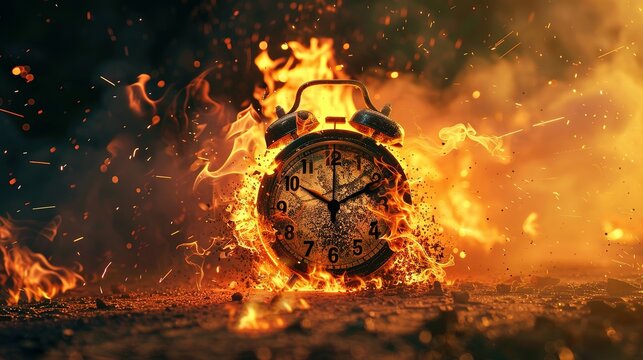 Chasing time, an alarm clock ablaze, exploding rush hour, deadline pressure, urgency.
