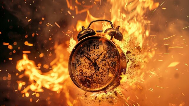 Chasing time, an alarm clock ablaze, exploding rush hour, deadline pressure, urgency.