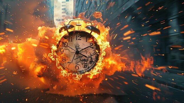 Chasing time, an alarm clock ablaze, exploding rush hour, deadline pressure, urgency.