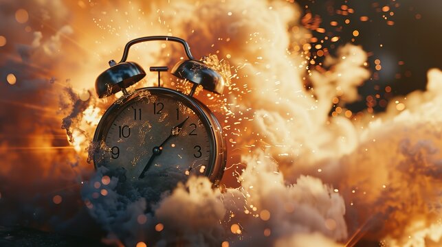 Chasing time, an alarm clock ablaze, exploding rush hour, deadline pressure, urgency.