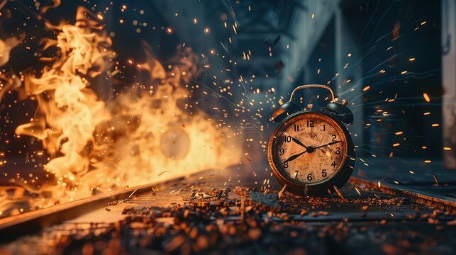 Chasing time, an alarm clock ablaze, exploding rush hour, deadline pressure, urgency.