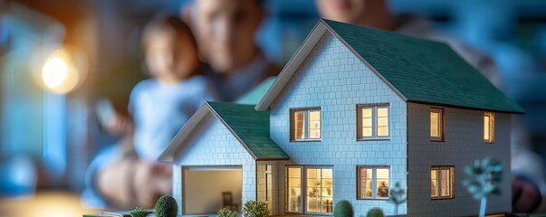 Parents and children discussing a house model, highlighting family happiness and the importance of home ownership