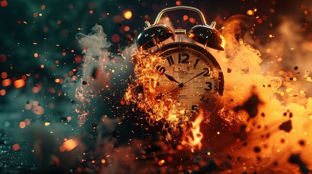 Chasing time, an alarm clock ablaze, exploding rush hour, deadline pressure, urgency.