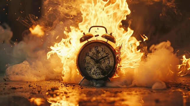 Chasing time, an alarm clock ablaze, exploding rush hour, deadline pressure, urgency.