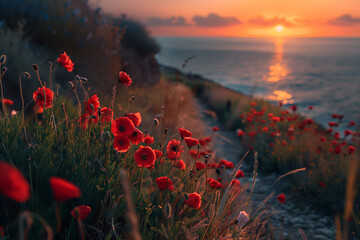 landscape with a beautiful sunset over the mediterrean sea, red poppies growing, enchanting scene, coastal path, photorealistic // ai-generated 
