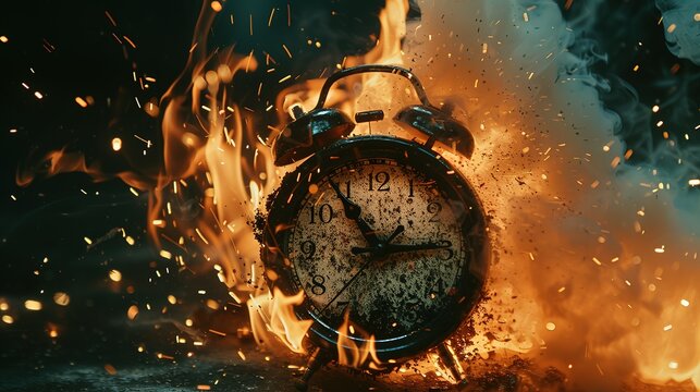Chasing time, an alarm clock ablaze, exploding rush hour, deadline pressure, urgency.