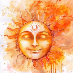 Watercolor illustration of a sun with a face for sinhala new year celebration