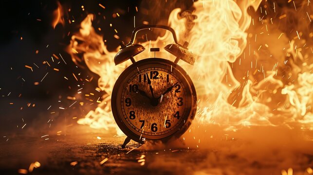 Chasing time, an alarm clock ablaze, exploding rush hour, deadline pressure, urgency.