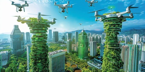 Futuristic Urban Landscape with Greeneries on Skyscrapers and Drones in Sky Showcasing Sustainable Green Architecture and Technology