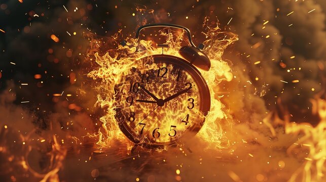 Chasing time, an alarm clock ablaze, exploding rush hour, deadline pressure, urgency.