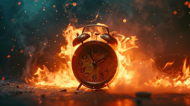 Chasing time, an alarm clock ablaze, exploding rush hour, deadline pressure, urgency.