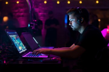 A male performer is making music using a computer during a live music event
