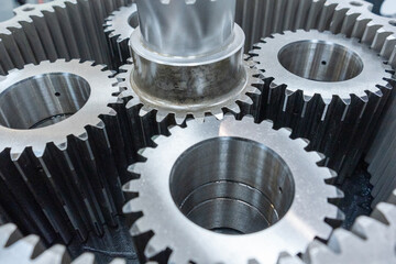 Industrial Gear and Cogwheels Metal Steel Machinery for Engineering Precision in Factory Settings with Mechanical Parts and Equipment. Heavy Duty Industrial Machine Components for Business and Auto