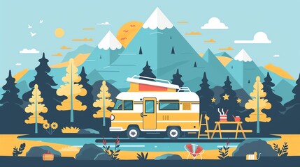 travel flat design front view camping theme water color Tetradic color scheme