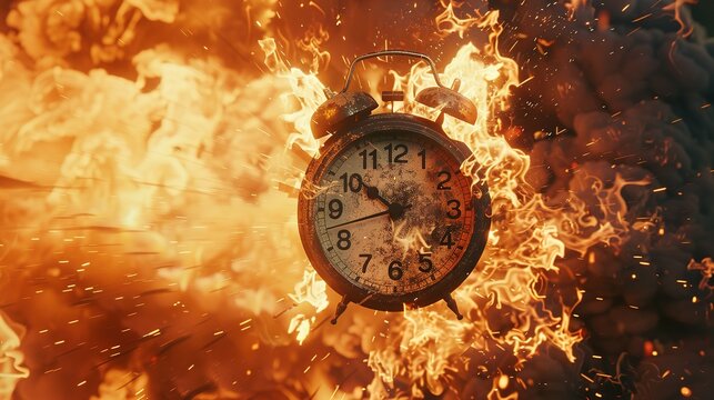 Chasing time, an alarm clock ablaze, exploding rush hour, deadline pressure, urgency.