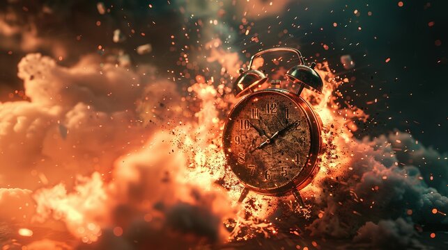 Chasing time, an alarm clock ablaze, exploding rush hour, deadline pressure, urgency.