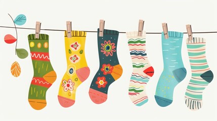 Colorful children's socks with textures and patterns drying on a clothesline.