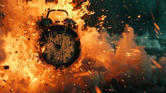 Chasing time, an alarm clock ablaze, exploding rush hour, deadline pressure, urgency.