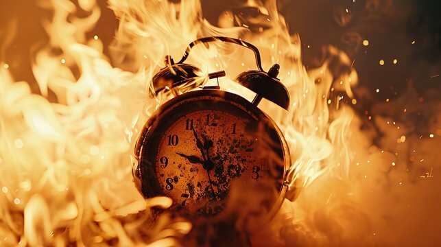 Chasing time, an alarm clock ablaze, exploding rush hour, deadline pressure, urgency.