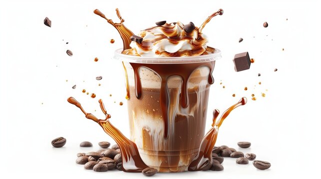 Iced caramel latte topped with whipped cream and caramel. Chocolate mocha coffee in a plastic cup with chocolate splash, floating chocolate pieces, and coffee beans on a white background. 