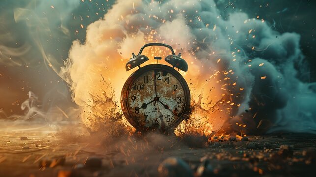 Chasing time, an alarm clock ablaze, exploding rush hour, deadline pressure, urgency.