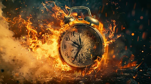 Chasing time, an alarm clock ablaze, exploding rush hour, deadline pressure, urgency.