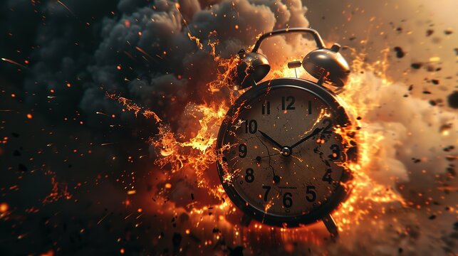 Chasing time, an alarm clock ablaze, exploding rush hour, deadline pressure, urgency.