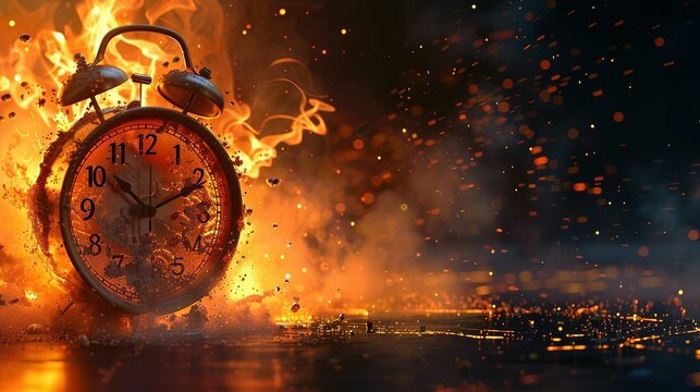 Chasing time, an alarm clock ablaze, exploding rush hour, deadline pressure, urgency.