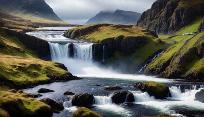 Obraz premium cinematisch aussehende landschaft mit traumhaften wasserfall, island, irland schottland