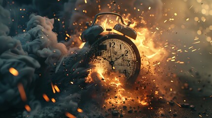Chasing time, an alarm clock ablaze, exploding rush hour, deadline pressure, urgency.