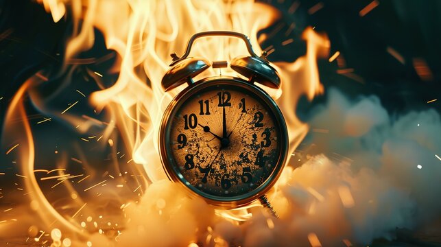 Chasing time, an alarm clock ablaze, exploding rush hour, deadline pressure, urgency.