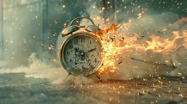 Chasing time, an alarm clock ablaze, exploding rush hour, deadline pressure, urgency.