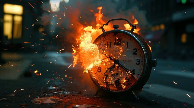 Chasing time, an alarm clock ablaze, exploding rush hour, deadline pressure, urgency.