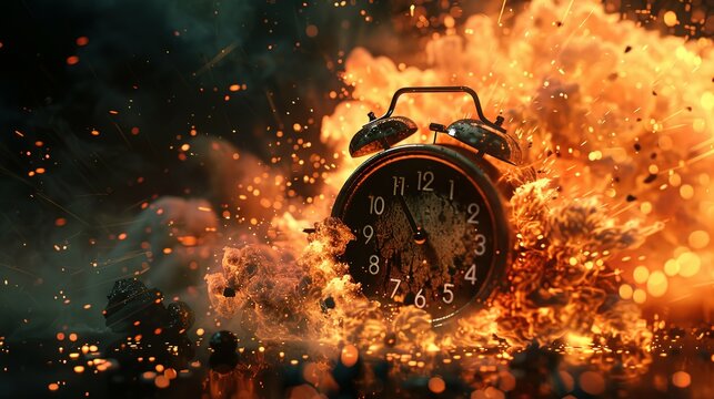 Chasing time, an alarm clock ablaze, exploding rush hour, deadline pressure, urgency.