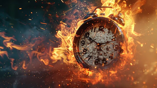 Chasing time, an alarm clock ablaze, exploding rush hour, deadline pressure, urgency.