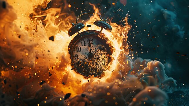 Chasing time, an alarm clock ablaze, exploding rush hour, deadline pressure, urgency.