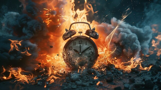 Chasing time, an alarm clock ablaze, exploding rush hour, deadline pressure, urgency.