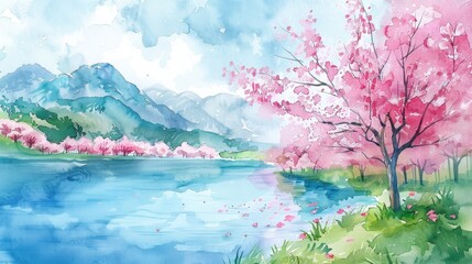 Watercolor spring landscape with pink cherry blossom trees and lake