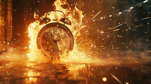 Chasing time, an alarm clock ablaze, exploding rush hour, deadline pressure, urgency.