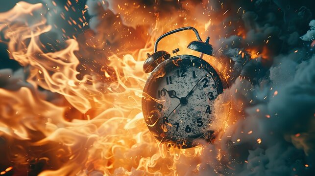 Chasing time, an alarm clock ablaze, exploding rush hour, deadline pressure, urgency.
