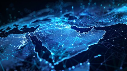 A blue and white image of the world with a lot of lines and dots, Middle East