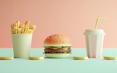 food flat design side view fast food theme 3D render colored pastel