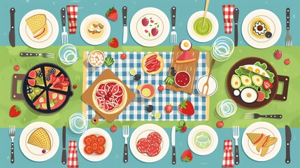 food flat design top view picnic theme cartoon drawing Analogous Color Scheme