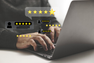 Man leaving service feedback using laptop at table, closeup. Reviews and stars near device