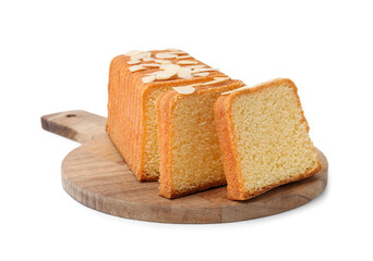 Cake with fresh almond flakes isolated on white