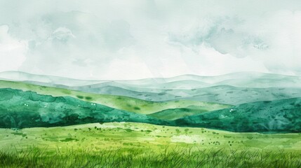 Watercolour illustration of a green meadow landscape, artistic modern and simple background.