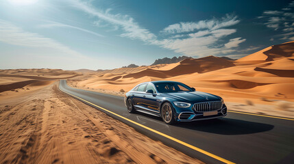 Fototapeta premium a luxury sedan driving along an empty desert highway